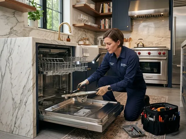 Appliance Repair Hero technician servicing a built-in dishwasher in a Aquasco, MD kitchen