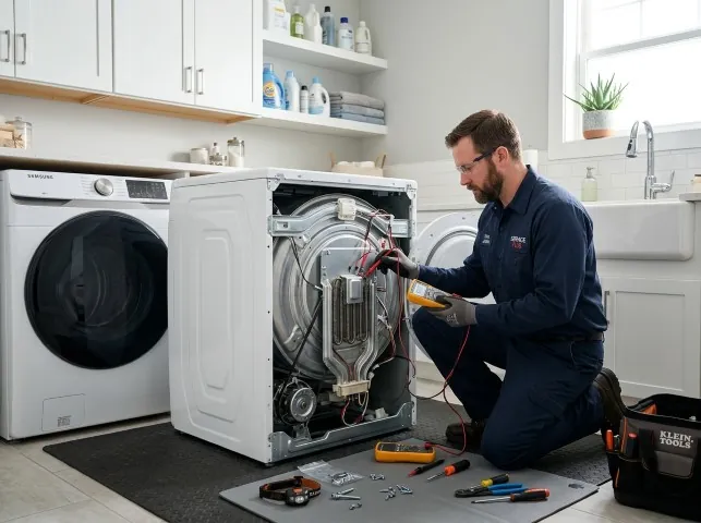 Appliance Repair Hero technician checking a dryer heating element with the rear panel off in Aquasco, MD
