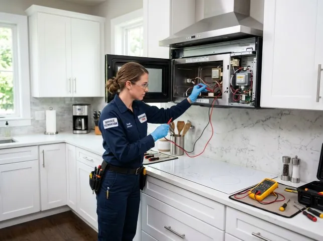 Appliance Repair Hero technician testing an over-the-range microwave in a Aquasco, MD kitchen