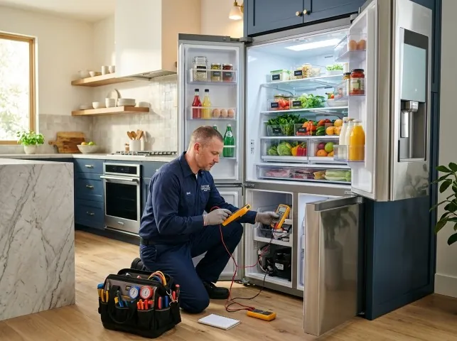 Appliance Repair Hero refrigerator technician testing a fridge on a Aquasco, MD service call