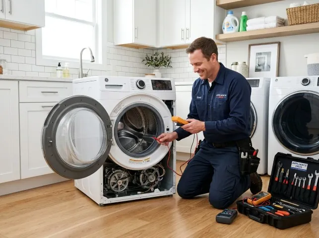 Appliance Repair Hero technician testing a front-load washer with a multimeter on a Aquasco, MD service call